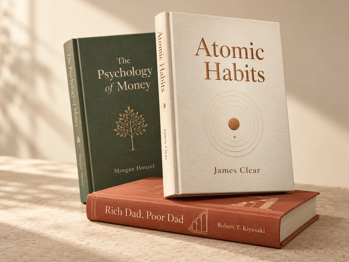 A warm bookshelf of books on habits and personal growth